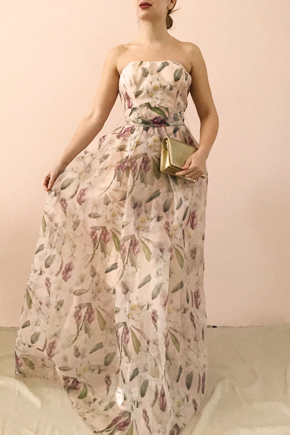 Anouk Yellow Floral Bustier Gown | Boutique 1861 on model