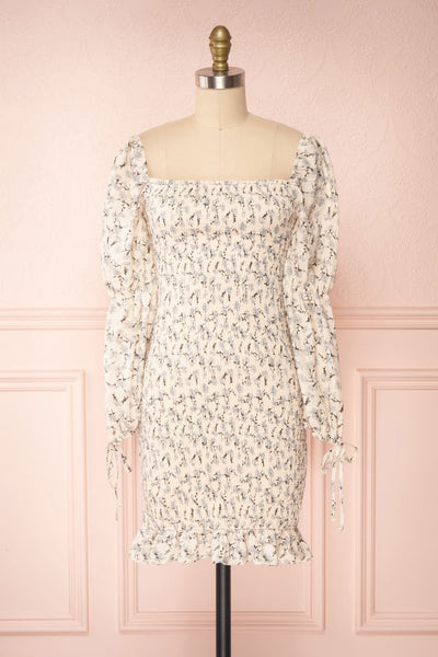 Anyka Beige Ruched Off-Shoulder Short Dress | Boutique 1861 front view