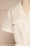 Arahal White Short Sleeved Linen Romper | La petite garçonne front close-up