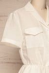 Arahal White Short Sleeved Linen Romper | La petite garçonne side close-up