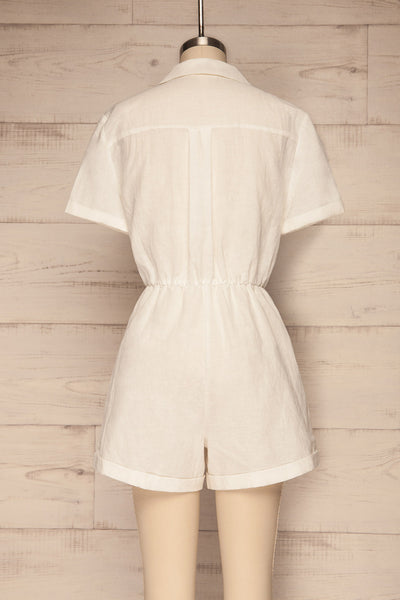 Arahal White Short Sleeved Linen Romper | La petite garçonne back view