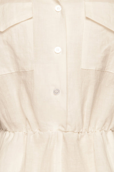 Arahal White Short Sleeved Linen Romper | La petite garçonne fabric details