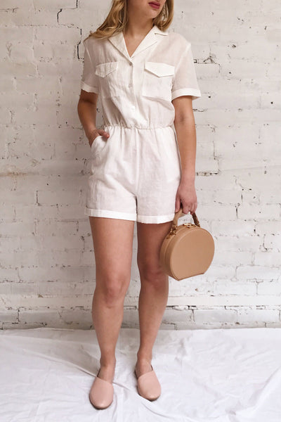 Arahal White Short Sleeved Linen Romper | La petite garçonne model look