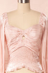 Ardvinna Pink Silky Off-Shoulder Ruched Crop Top | Boutique 1861 front close-up