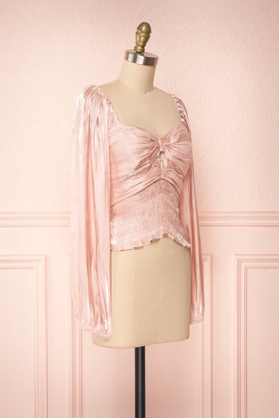 Ardvinna Pink Silky Off-Shoulder Ruched Crop Top | Boutique 1861 side view