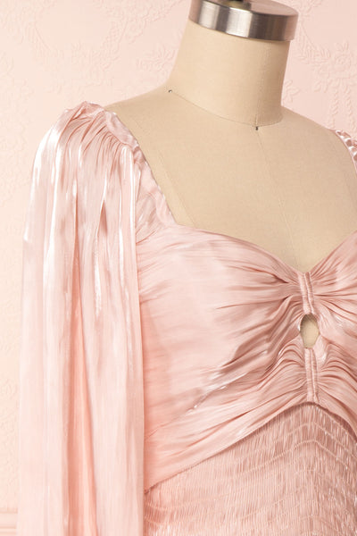 Ardvinna Pink Silky Off-Shoulder Ruched Crop Top | Boutique 1861 side close-up
