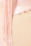 Ardvinna Pink Silky Off-Shoulder Ruched Crop Top | Boutique 1861 bottom close-up