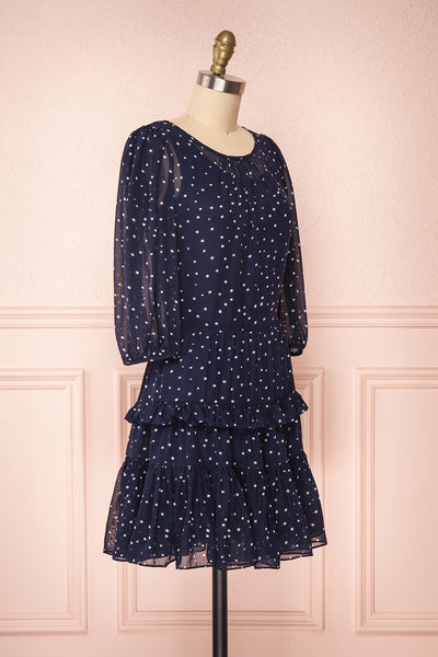 Aricia Navy Blue & White Star Patterned Party Dress side view | Boutique 1861