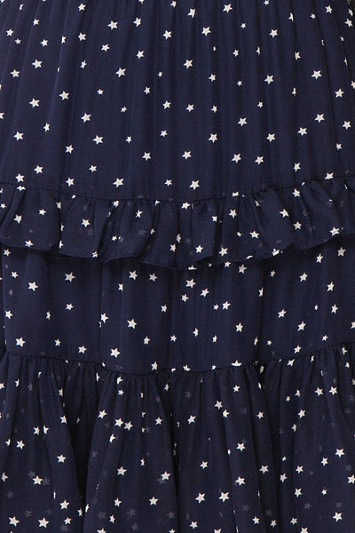 Aricia Navy Blue & White Star Patterned Party Dress texture detail | Boutique 1861