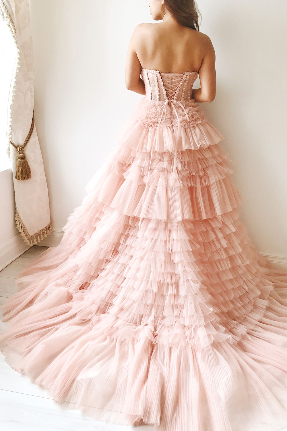 Aristee Blush Bustier Layered Tulle Maxi Dress | Boudoir 1861 model back