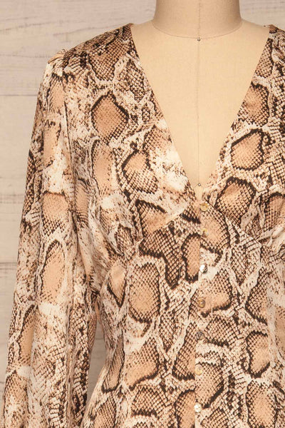 Arlene Beige Snake Print Dress | Robe | La Petite Garçonne front close-up