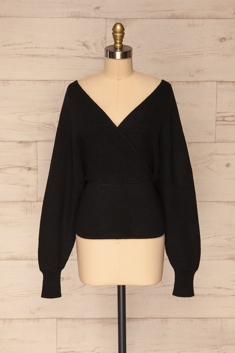 Armis Black Ribbed Faux Wrap Sweater | La petite garçonne front view 