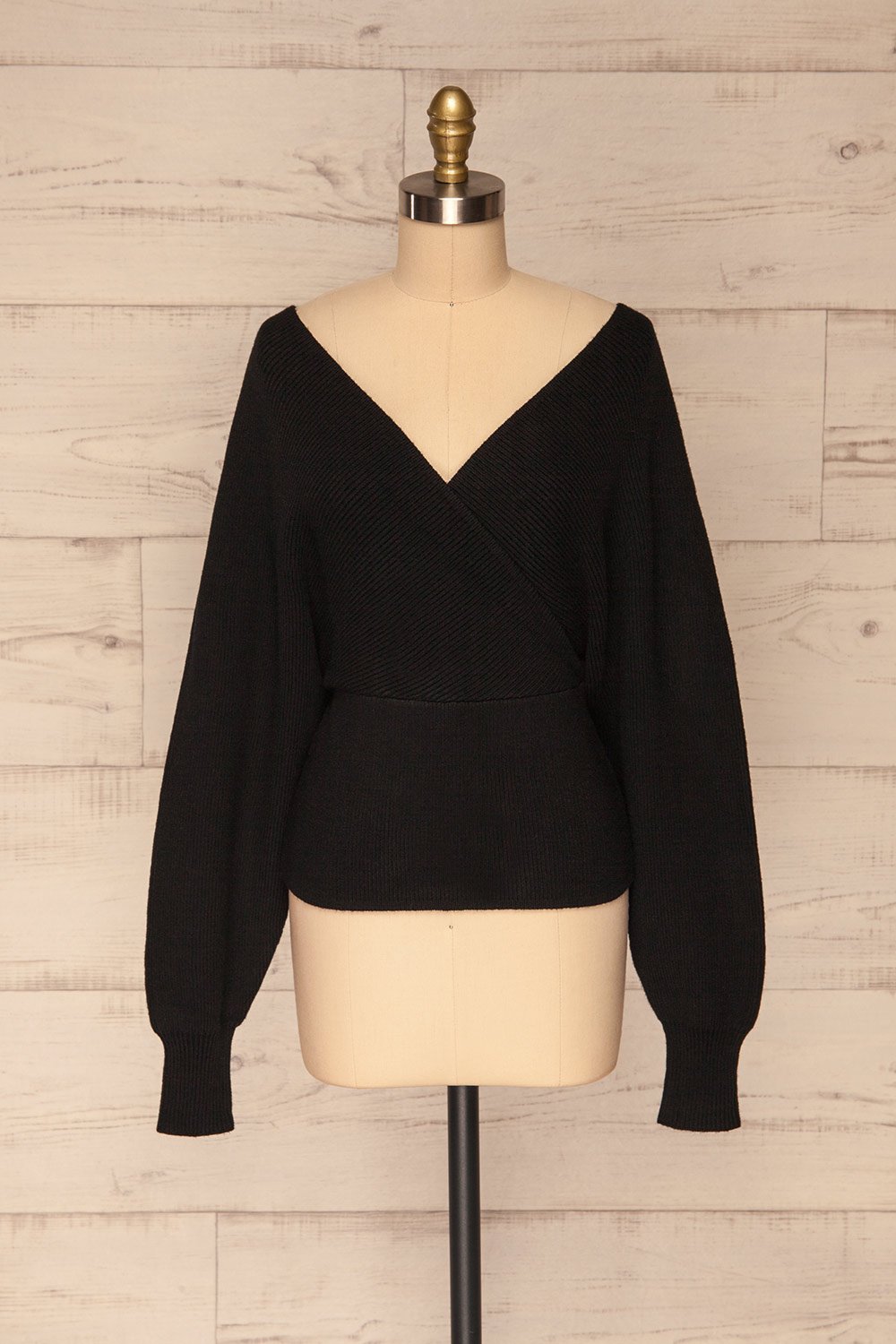 Armis Black Ribbed Faux Wrap Sweater | La petite garçonne plus