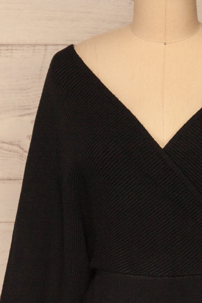 Armis Black Ribbed Faux Wrap Sweater | La petite garçonne front close-up