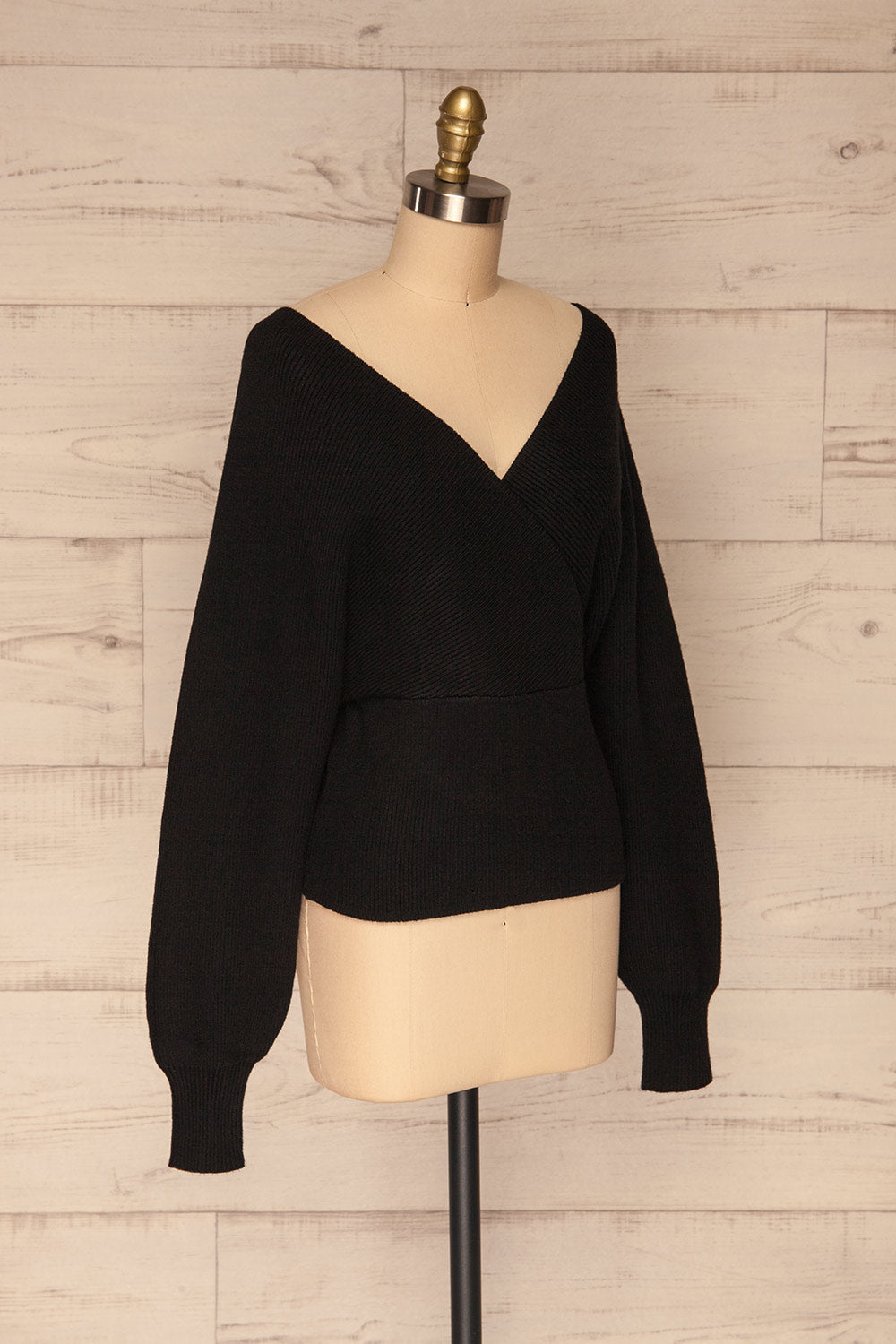 Armis Black Ribbed Faux Wrap Sweater | La petite garçonne side view 