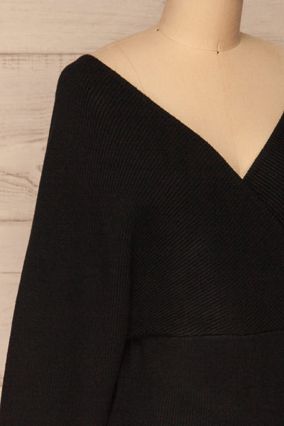 Armis Black Ribbed Faux Wrap Sweater | La petite garçonne side close-up