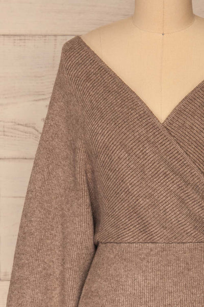 Armis Chestnut  Ribbed Faux Wrap Sweater | La petite garçonne front close-up