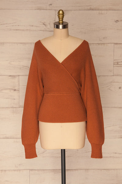 Armis Orange Ribbed Faux Wrap Sweater | La petite garçonne front view