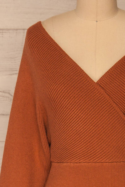 Armis Orange Ribbed Faux Wrap Sweater | La petite garçonne front close-up