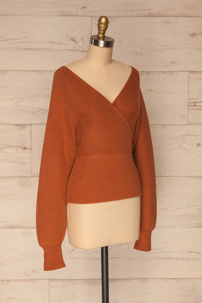 Armis Orange Ribbed Faux Wrap Sweater | La petite garçonne side view