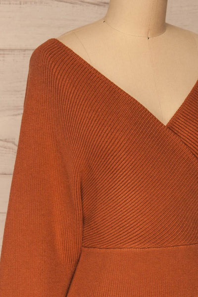 Armis Orange Ribbed Faux Wrap Sweater | La petite garçonne side close-up