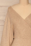 Armis Taupe Ribbed Faux Wrap Sweater | La petite garçonne front close-up