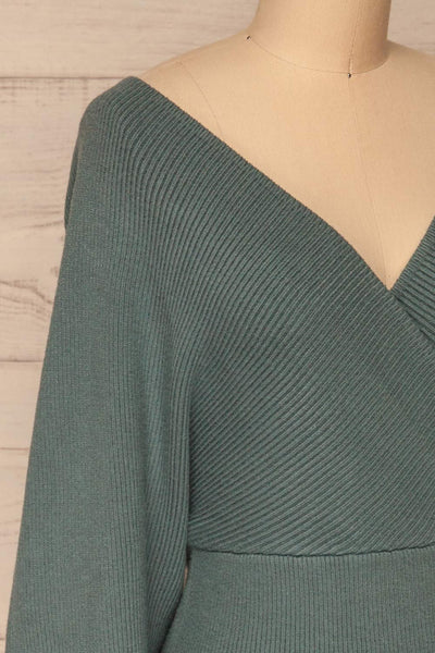 Armis Teal Ribbed Faux Wrap Sweater | La petite garçonne side close-up
