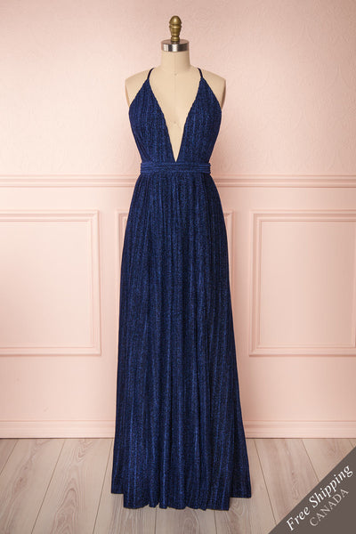 Arnemande Navy Pleated Gown w/ Glitters front view FS | Boutique 1861