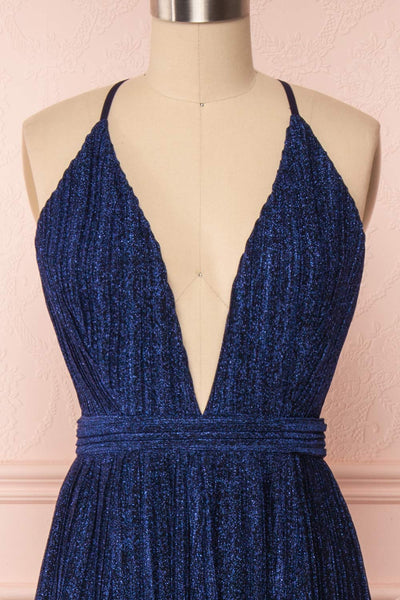Arnemande Navy Pleated Gown w/ Glitters front close up | Boutique 1861