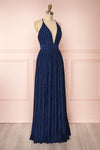 Arnemande Navy Pleated Gown w/ Glitters side view | Boutique 1861