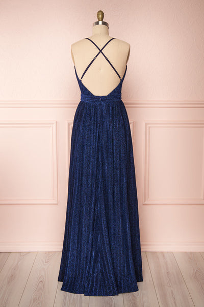 Arnemande Navy Pleated Gown w/ Glitters back view | Boutique 1861