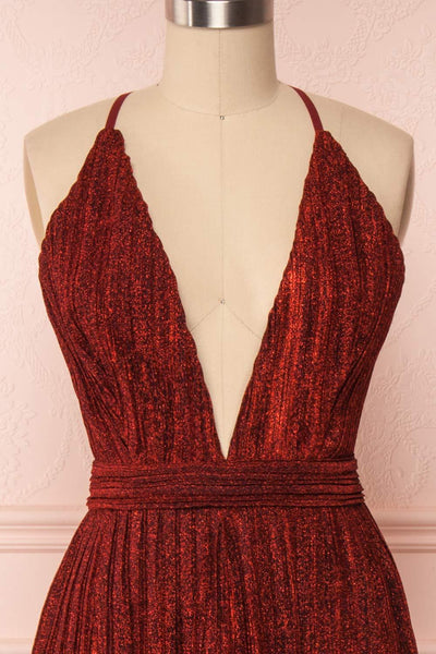 Arnemande Red Pleated Gown w/ Glitters front close up | Boutique 1861