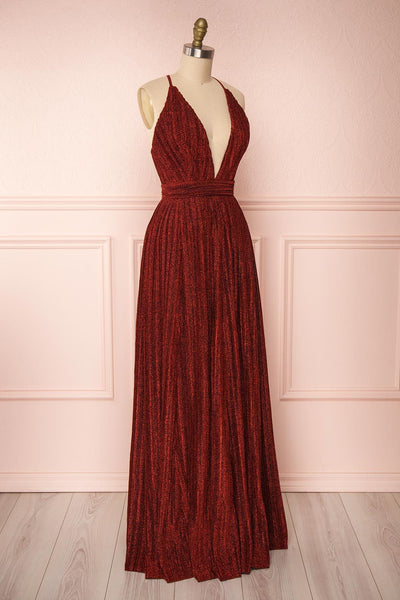Arnemande Red Pleated Gown w/ Glitters side view | Boutique 1861