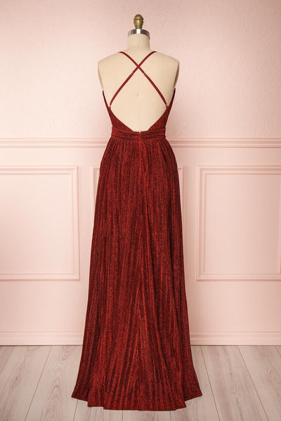 Arnemande Red Pleated Gown w/ Glitters back view | Boutique 1861