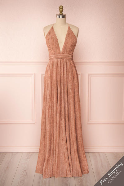 Arnemande Rosegold Pleated Gown w/ Glitters front view FS | Boutique 1861
