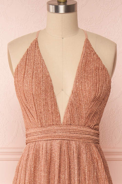 Arnemande Rosegold Pleated Gown w/ Glitters front close up | Boutique 1861