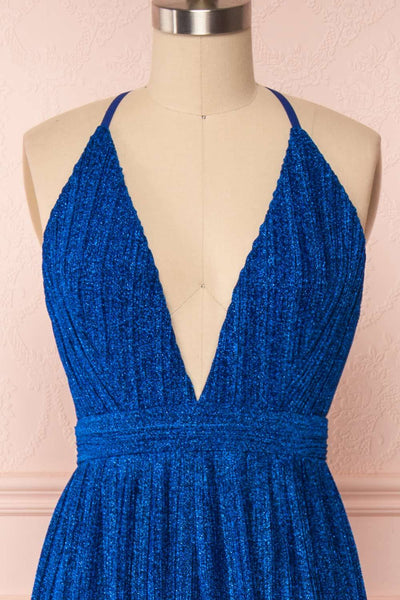 Arnemande Royal Blue Pleated Gown w/ Glitters front close up | Boutique 1861