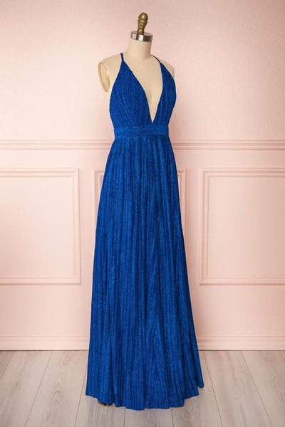 Arnemande Royal Blue Pleated Gown w/ Glitters side view | Boutique 1861