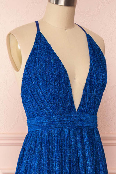 Arnemande Royal Blue Pleated Gown w/ Glitters side close up | Boutique 1861