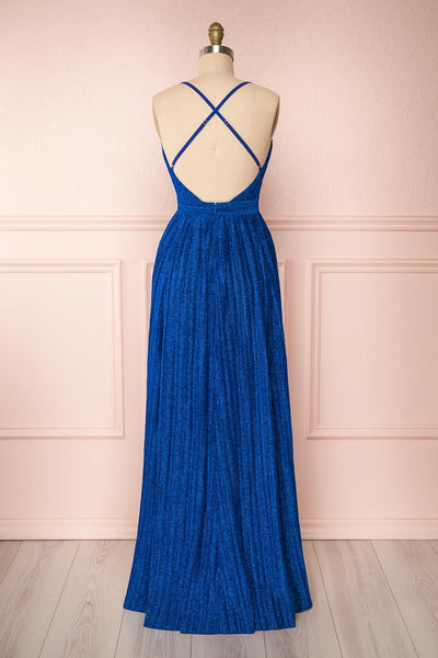 Arnemande Royal Blue Pleated Gown w/ Glitters back view | Boutique 1861