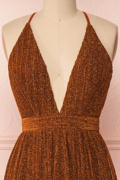 Arnemande Rust Pleated Gown w/ Glitters front close up | Boutique 1861