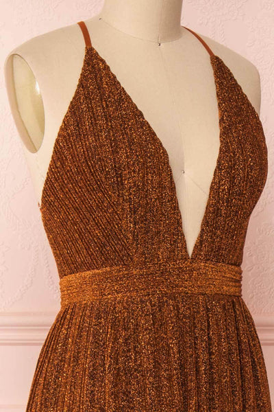 Arnemande Rust Pleated Gown w/ Glitters side close up | Boutique 1861