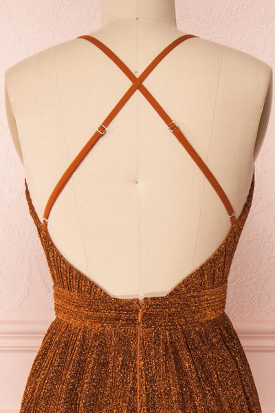 Arnemande Rust Pleated Gown w/ Glitters back close up | Boutique 1861