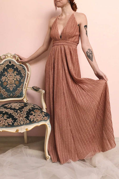 Arnemande Rosegold Pleated Gown w/ Glitters | Boutique 1861 on model