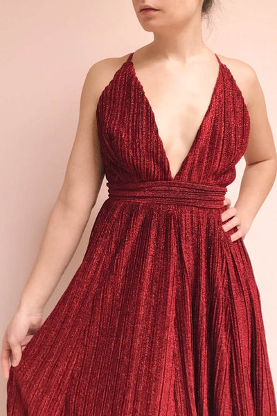 Arnemande Red Pleated Gown w/ Glitters | Boutique 1861 model close up
