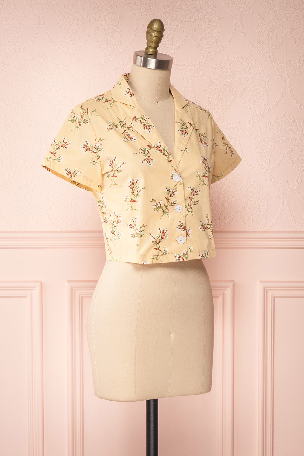 Arnleif Beige Floral Buttoned Crop Top | Boutique 1861 side view 