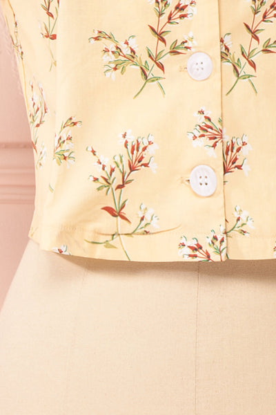 Arnleif Beige Floral Buttoned Crop Top | Boutique 1861 bottom close-up