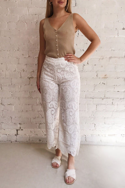 Sokaina White Crocheted Lace Cropped Trousers | Boudoir 1861 on model