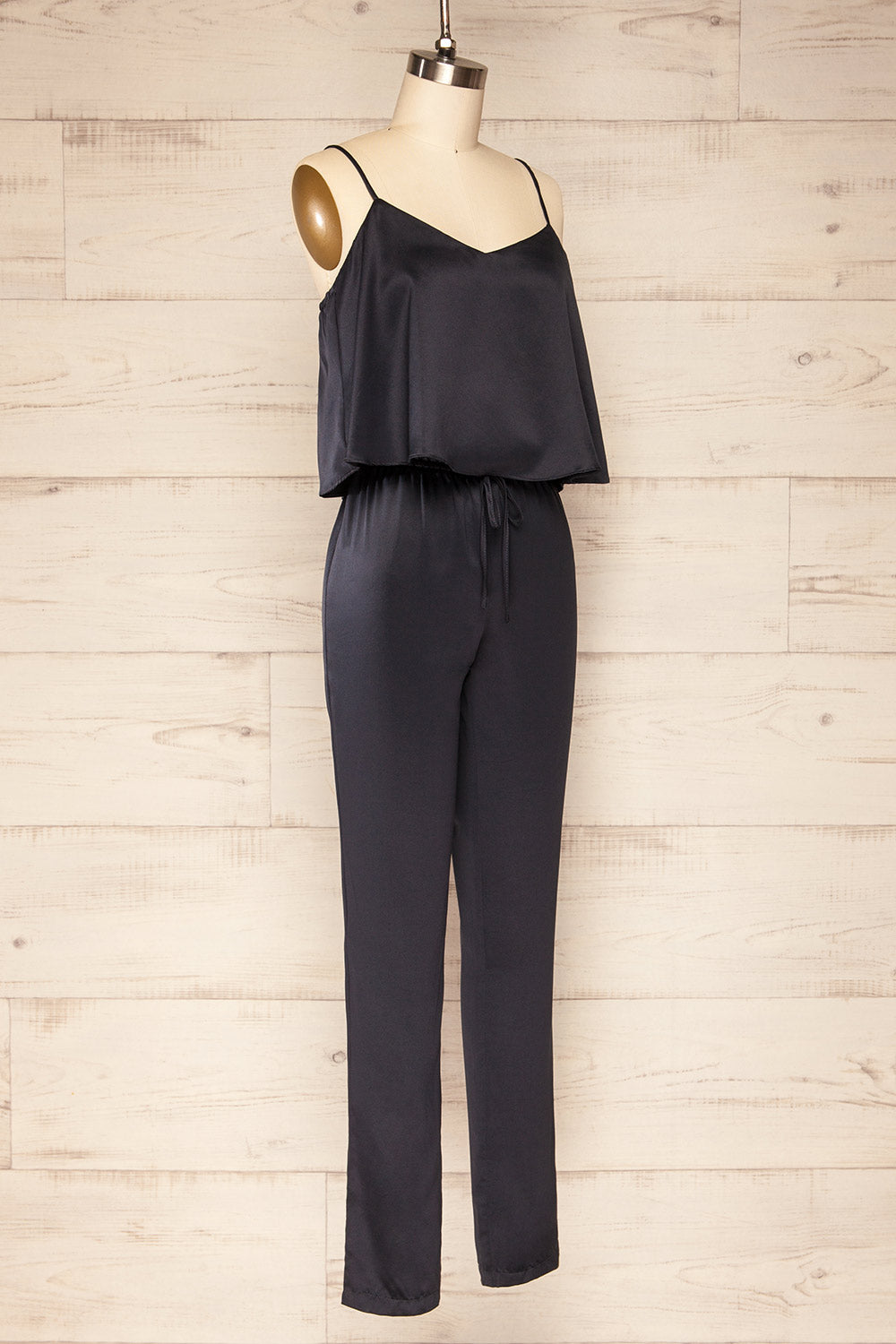 Arundel Navy Blue Satin Jumpsuit w/ Ruffled Top | La petite garçonne side view 