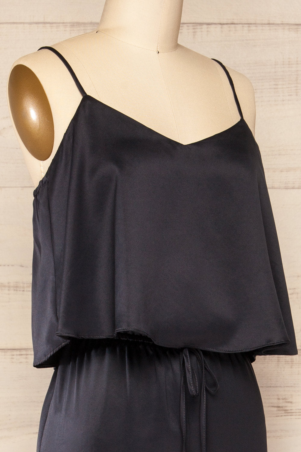 Arundel Navy Blue Satin Jumpsuit w/ Ruffled Top | La petite garçonne side close-up